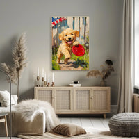 Golden Retriever Puppy Running With Red Frisbee Poster