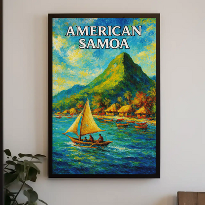 American Samoa Sailing Boats Mountain Coast Travel Poster