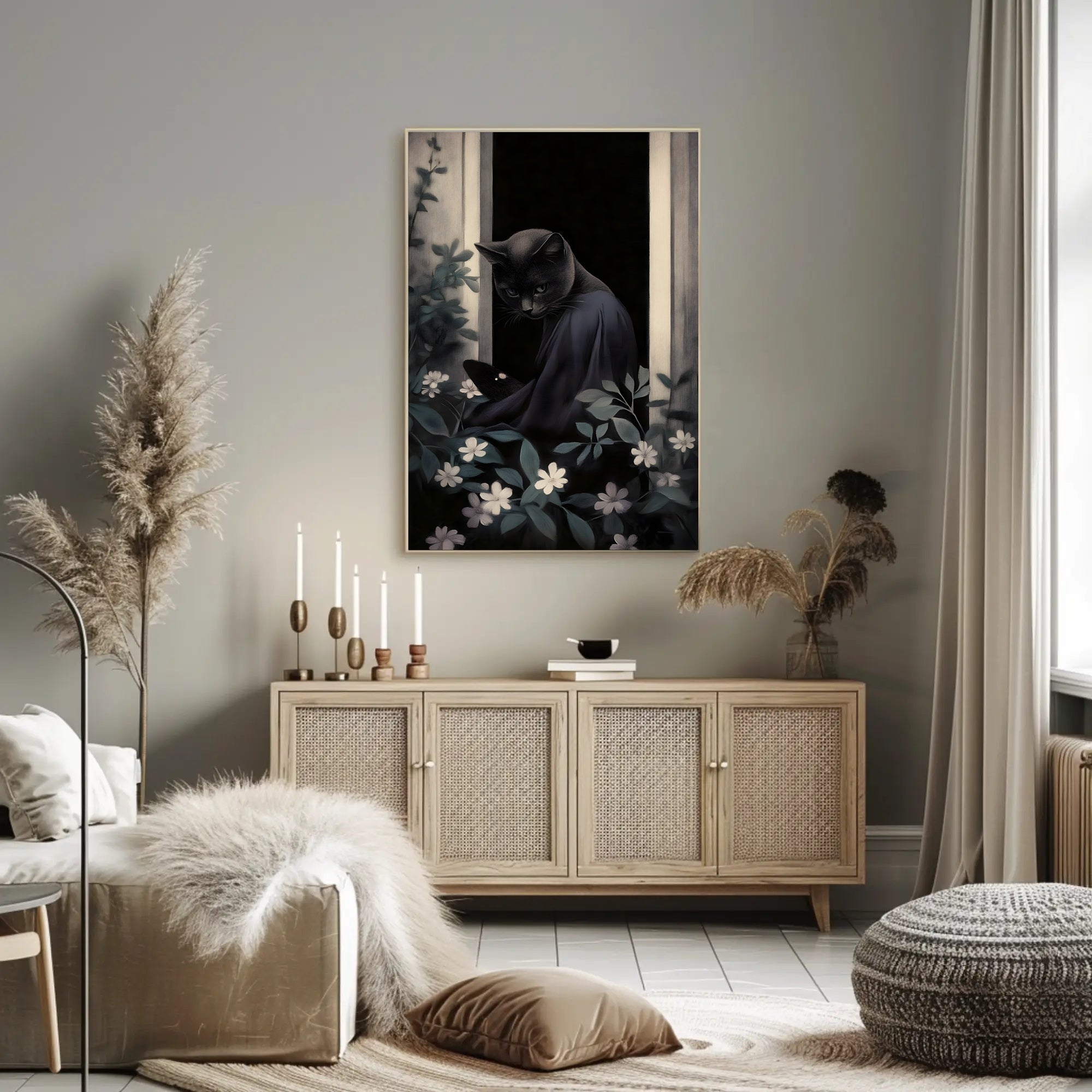 Mysterious Black Cat Window Nightscape Animal Poster PosterGoat