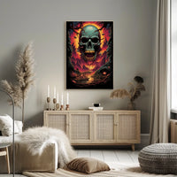 Eerie Skull Over Fiery Alien Landscape Poster