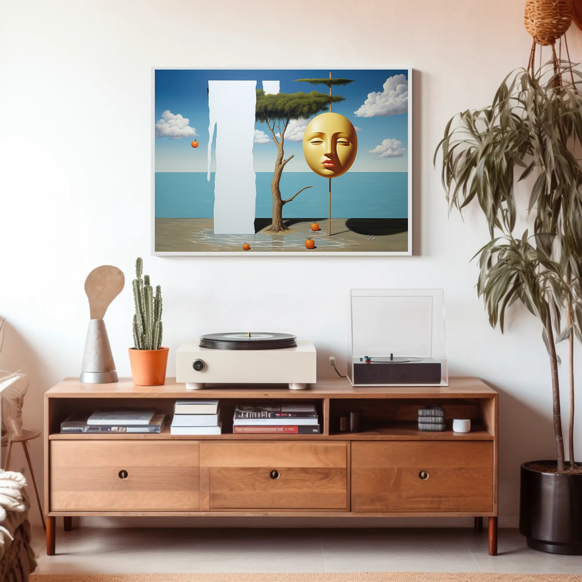 Surreal Coastal Dreamscape with Golden Mask Artistic Poster