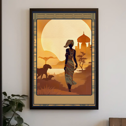 African Woman Wildlife Sunset Silhouette Travel Poster