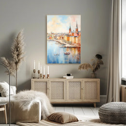 Picturesque European Cityscape on Waterfront Travel Poster