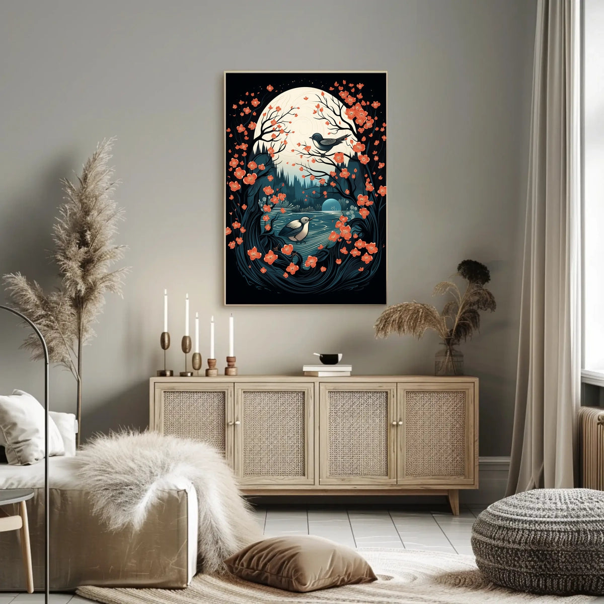 Serene Moonlit Birds Nature Art Poster
