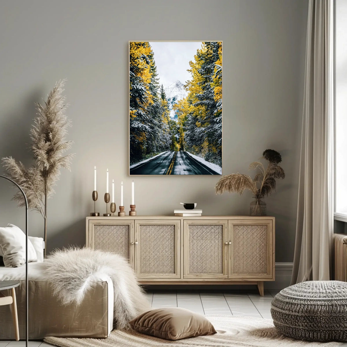 Autumnal Forest Road with Snow-Capped Mountain Poster