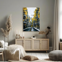 Autumnal Forest Road with Snow-Capped Mountain Poster