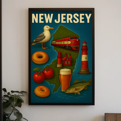 New Jersey Icons Lighthouses Bagels Beer Tomato Pride Travel Poster Travel Poster