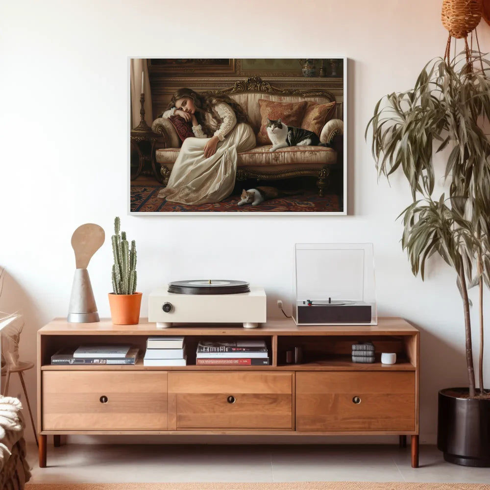 Serene Vintage Woman with Cats in Classic Interior