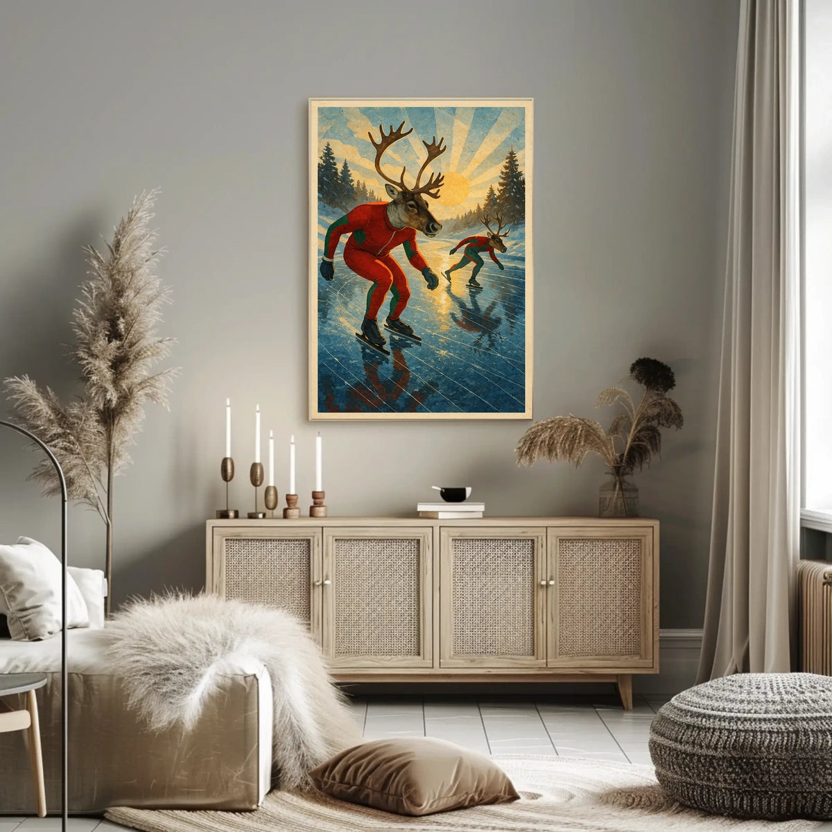 Whimsical Reindeer Skating Vintage Style Fantasy or Mythology Poster