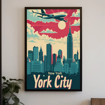 New York City Airplane Skyline Red Sky Travel Poster