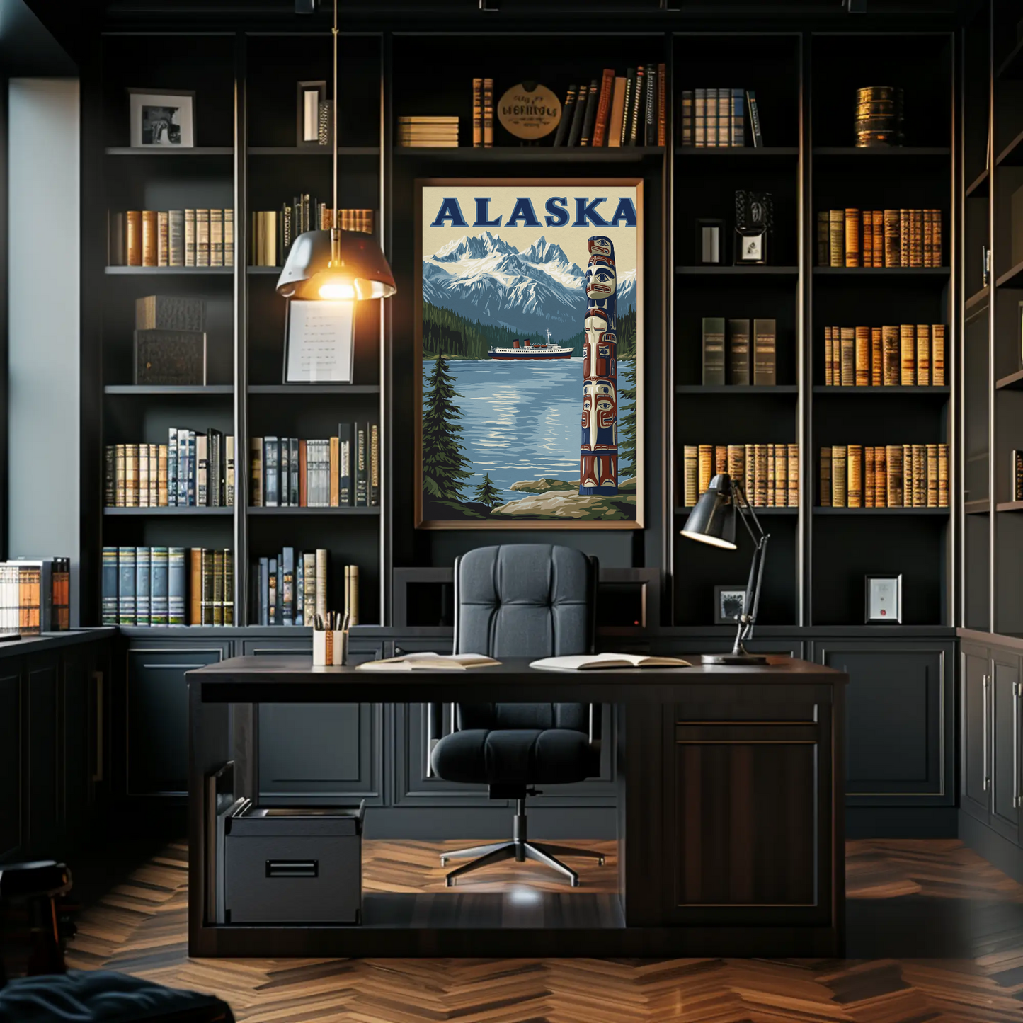 Alaska Vintage Poster - Totem and Mountains