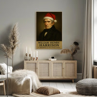 The poster depicts a stylized portrait of William Henry Harrison, the 9th President Travel Poster