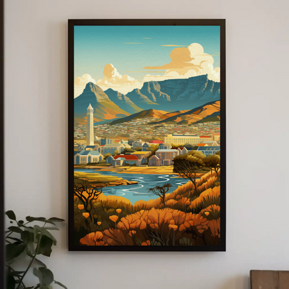 Cape Town Golden Hillside River Valley Mountains Travel Poster