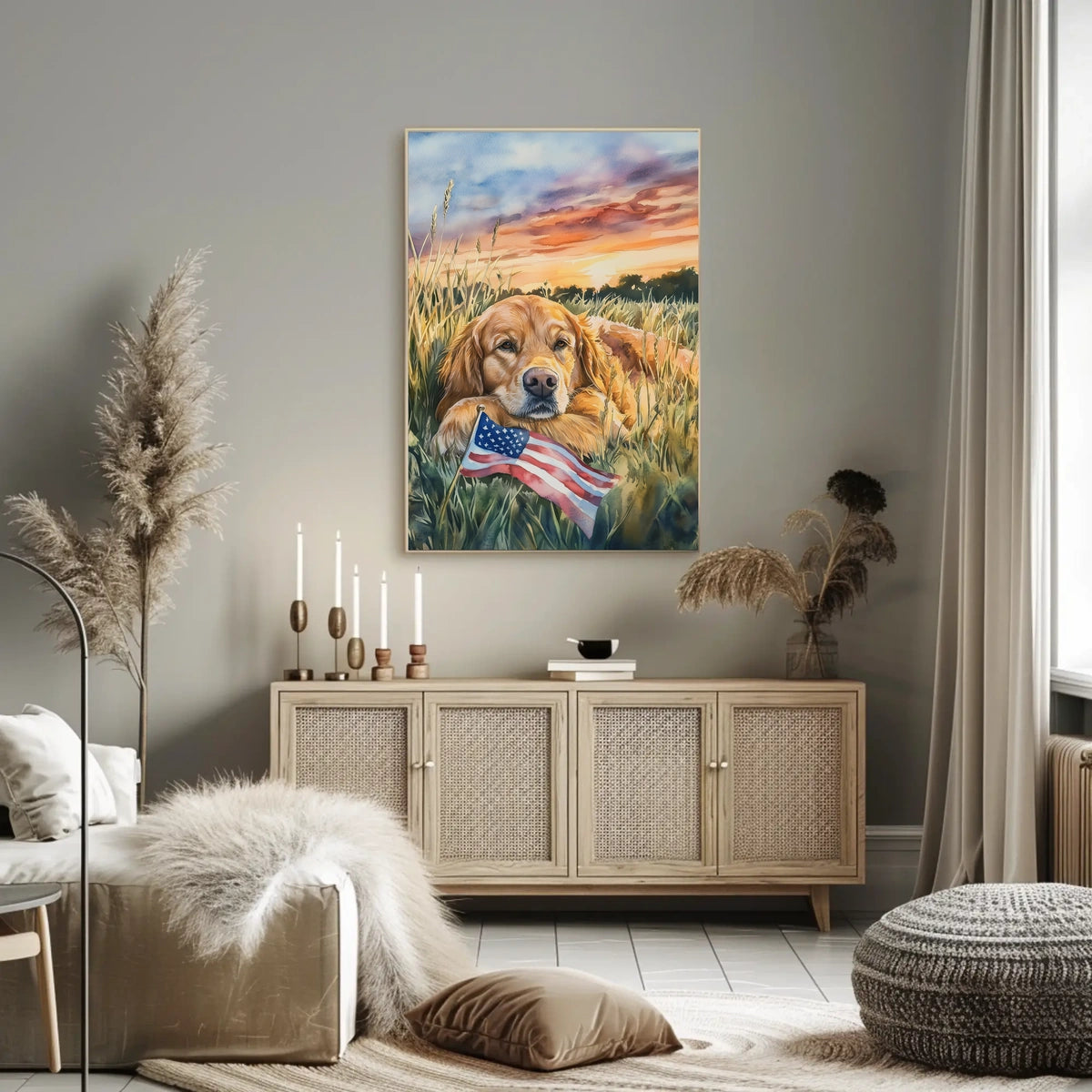 Golden Retriever Resting In Grassy Sunset Field Poster