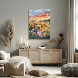 Golden Retriever Resting In Grassy Sunset Field Poster