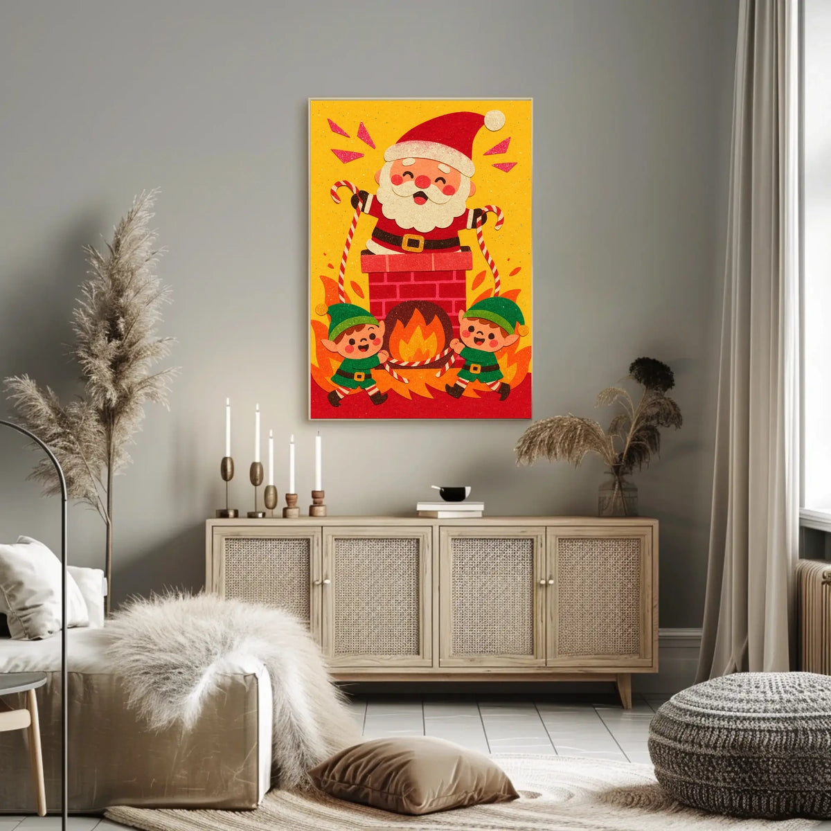 This whimsical poster depicts a festive Christmas scene with Santa Claus and two Travel Poster