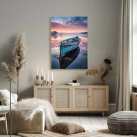 Solitary Wooden Boat on Serene Lake - Artistic Poster