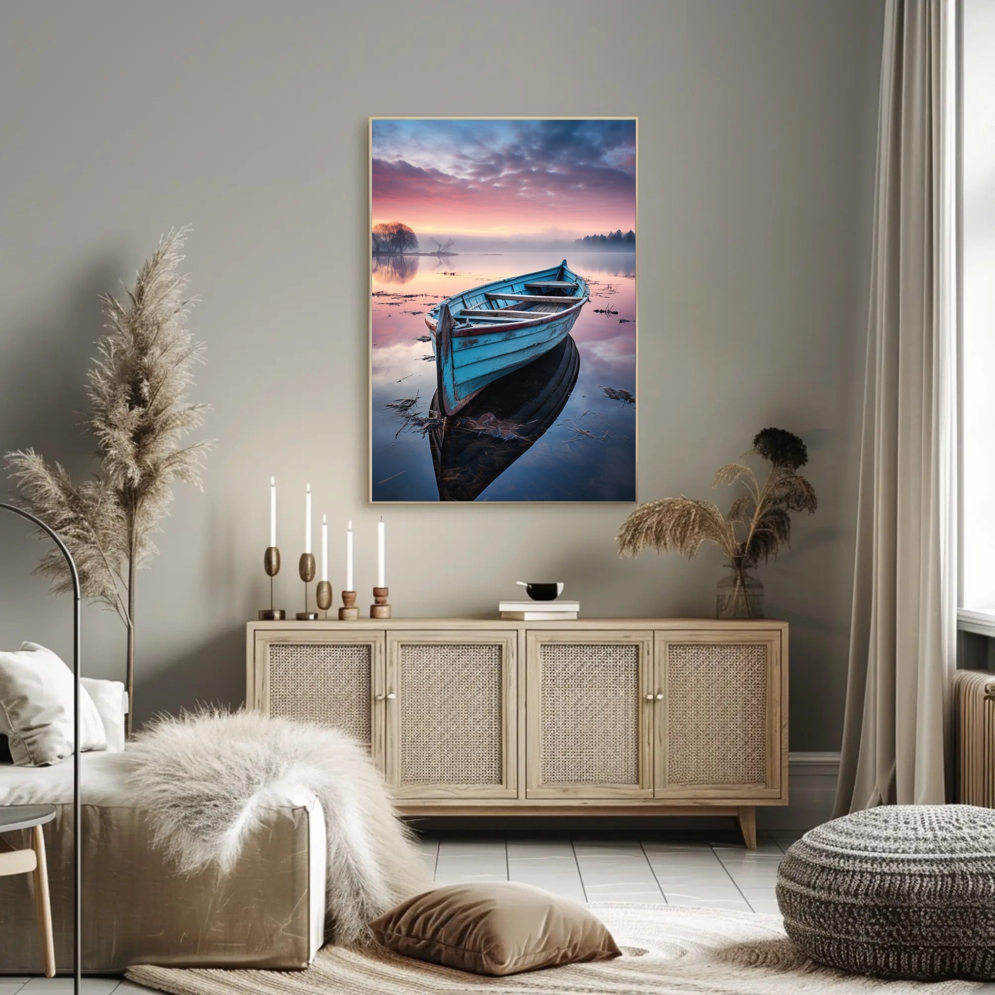Solitary Wooden Boat on Serene Lake - Artistic Poster