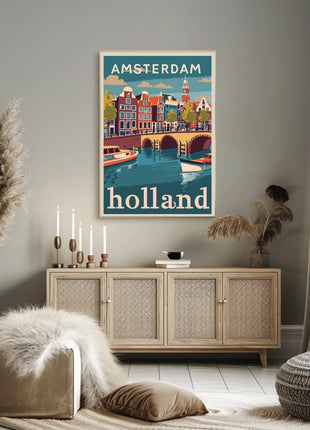 Amsterdam Canal Houses Scenic Vintage Travel Poster