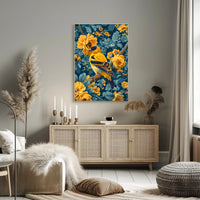 Golden Songbird Wall Art Amidst Blossoms