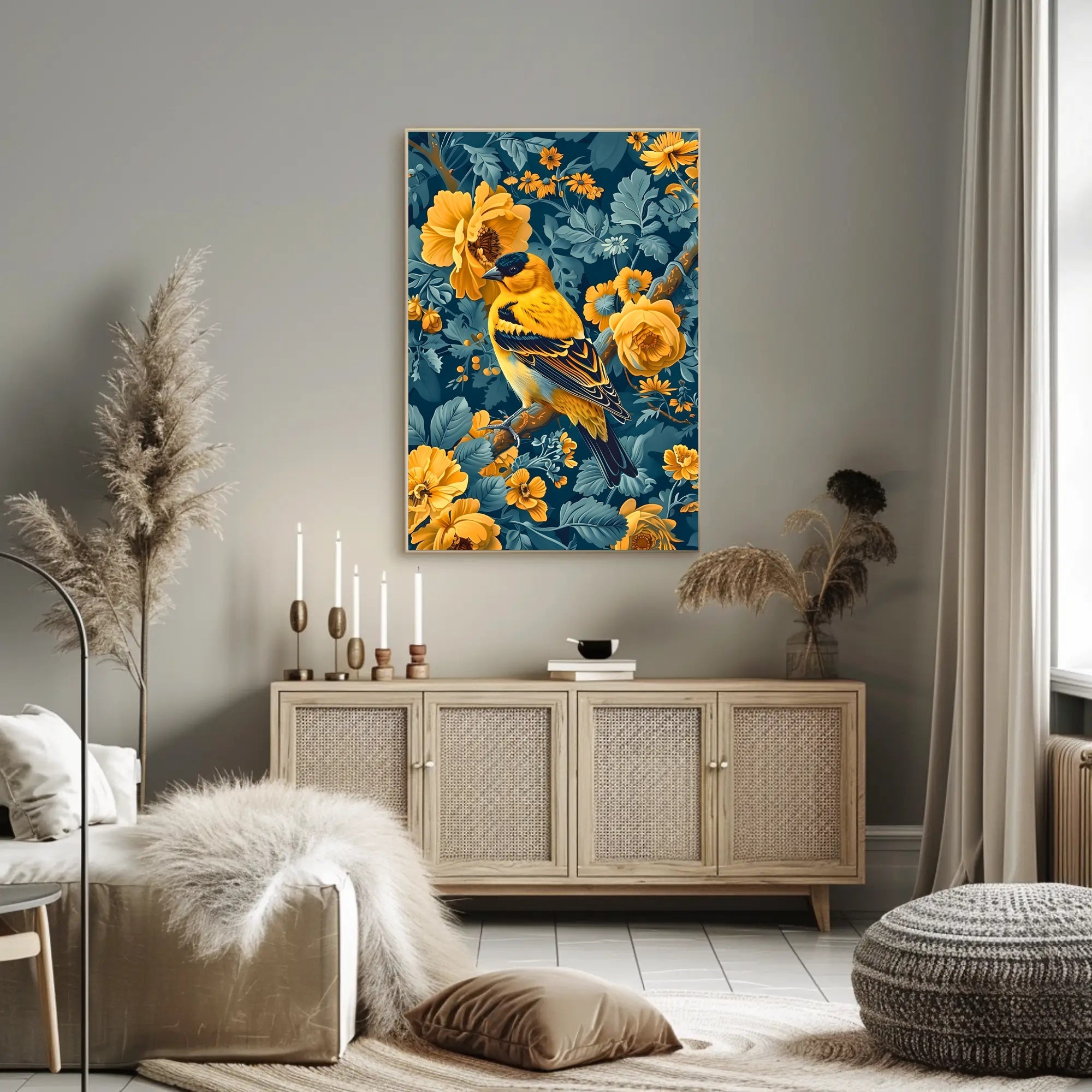 Golden Songbird Wall Art Amidst Blossoms