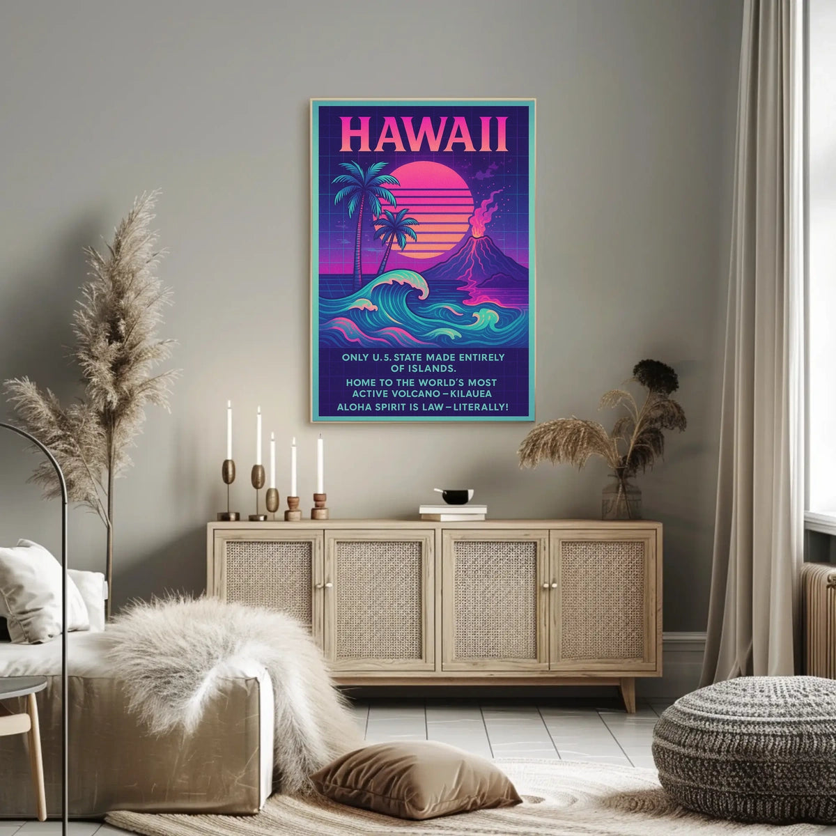 The poster centers on Hawaii, emphasizing its unique geographical and cultural attributes. The Travel Poster