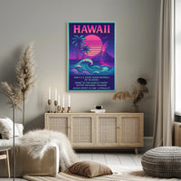 The poster centers on Hawaii, emphasizing its unique geographical and cultural attributes. The Travel Poster