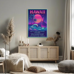 The poster centers on Hawaii, emphasizing its unique geographical and cultural attributes. The Travel Poster