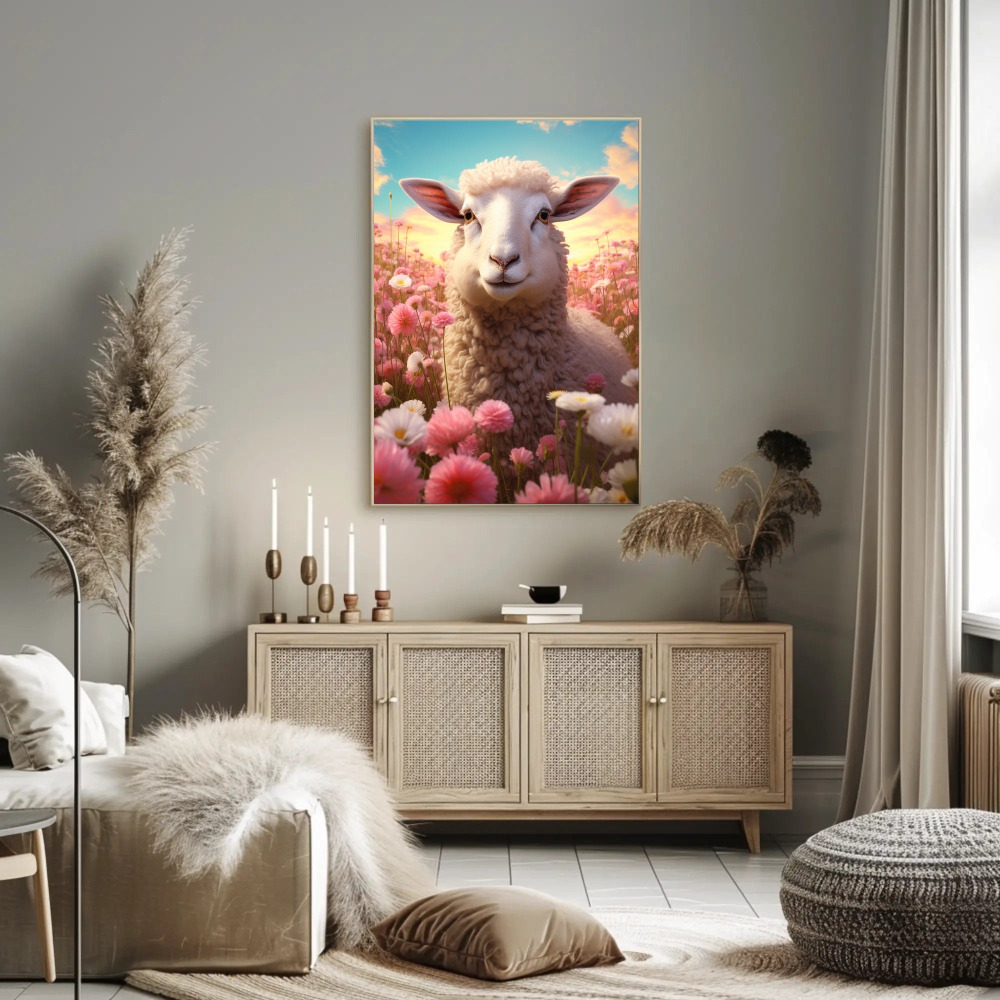 Serene Sheep in Countryside at Sunrise Animal Poster