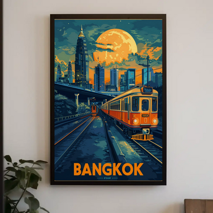 Bangkok Skyline Train Moonlight Glow Travel Poster