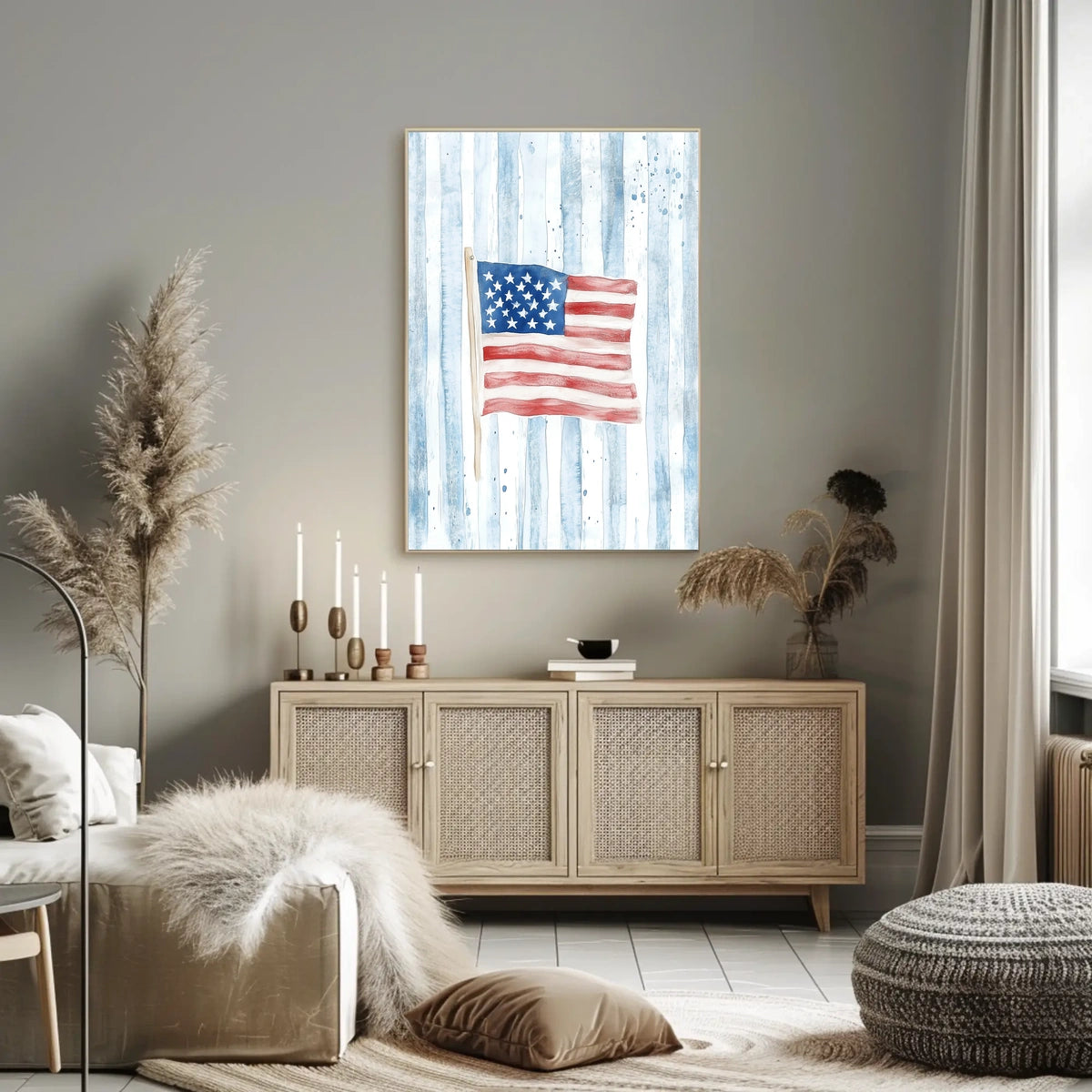 Watercolor Kitten In Basket With American Flag Poster