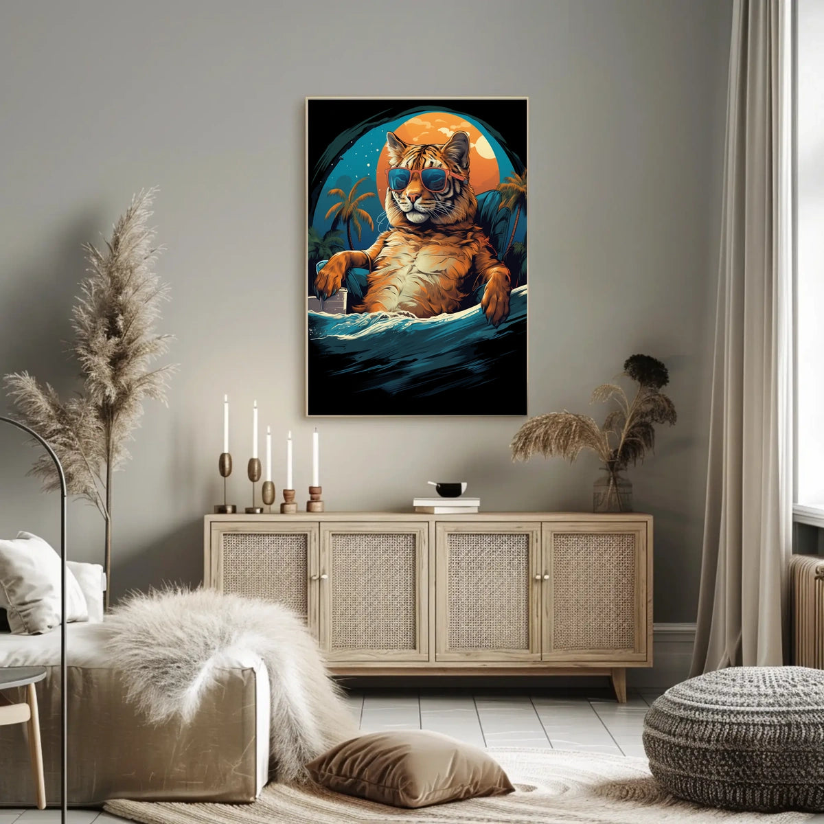 Relaxed Tiger on Beach Artistic Animal Poster