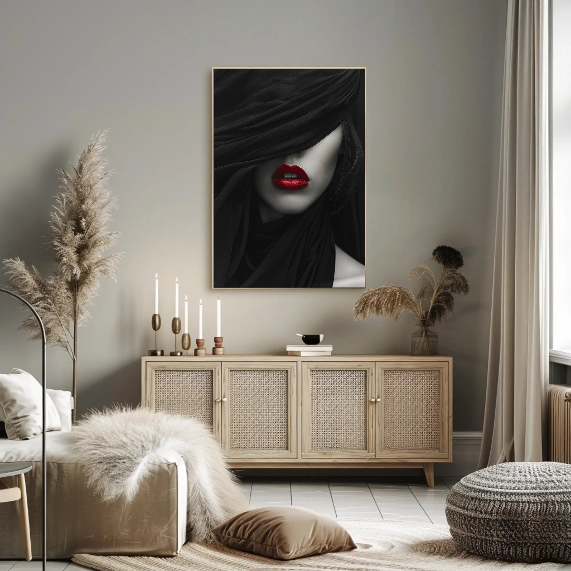 Enigmatic Woman Poster: Artistic Close-up with Bold Red Lips PosterGoat