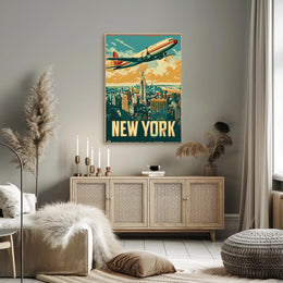 New York Skyline with Airplane Poster Vintage Wall Art