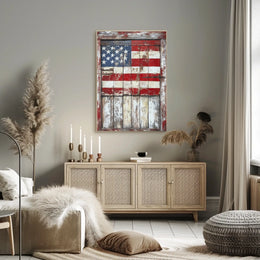 Rustic Wooden Barn Door With Faded American Flag Poster