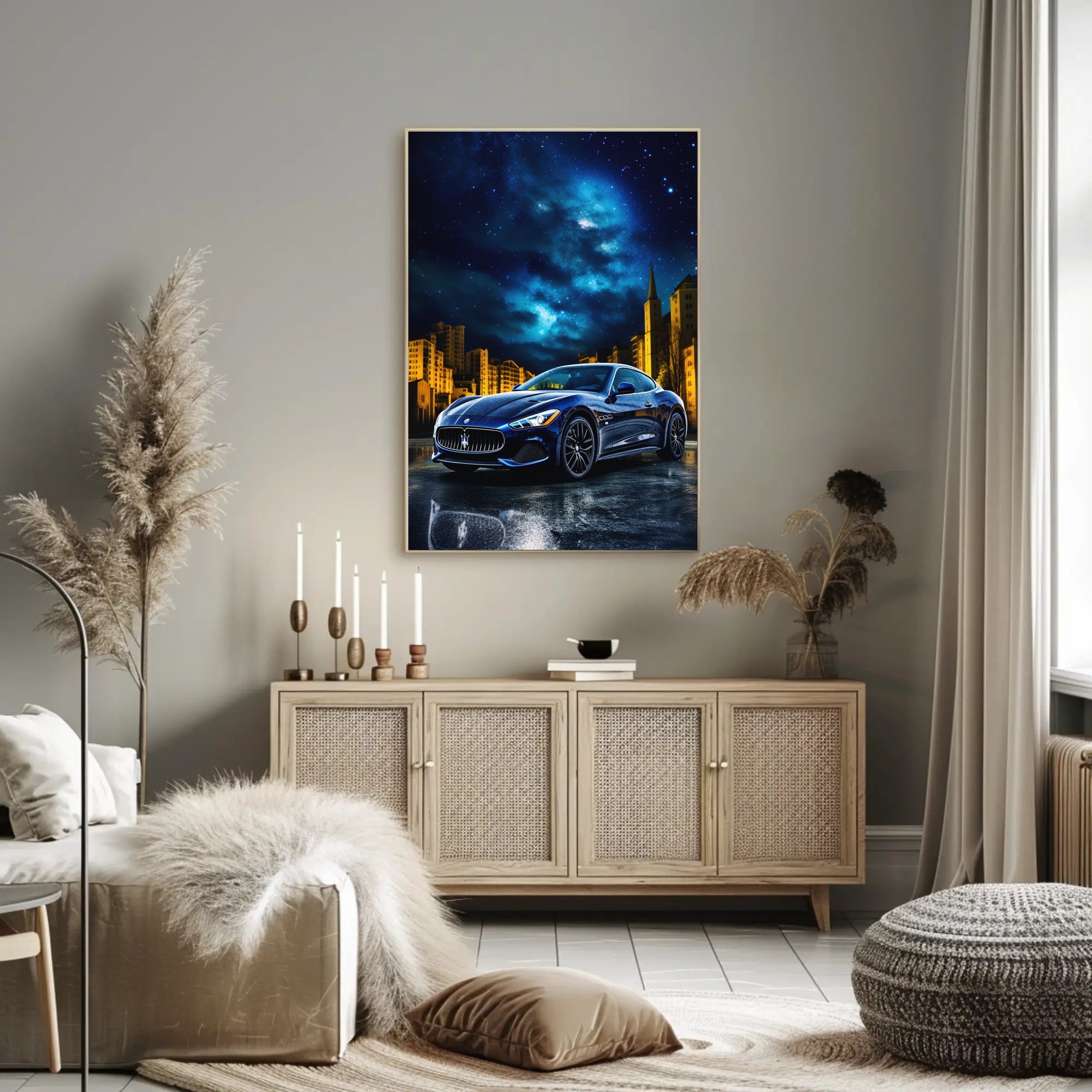 Sleek Modern Sports Car in Urban Night Futuristic Sci-Fi Poster