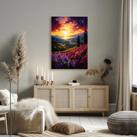 Vibrant Sunset Over Idyllic Countryside Landscape - Artistic Poster