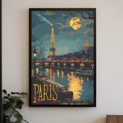 Paris Eiffel Tower Night Lights River Travel Poster