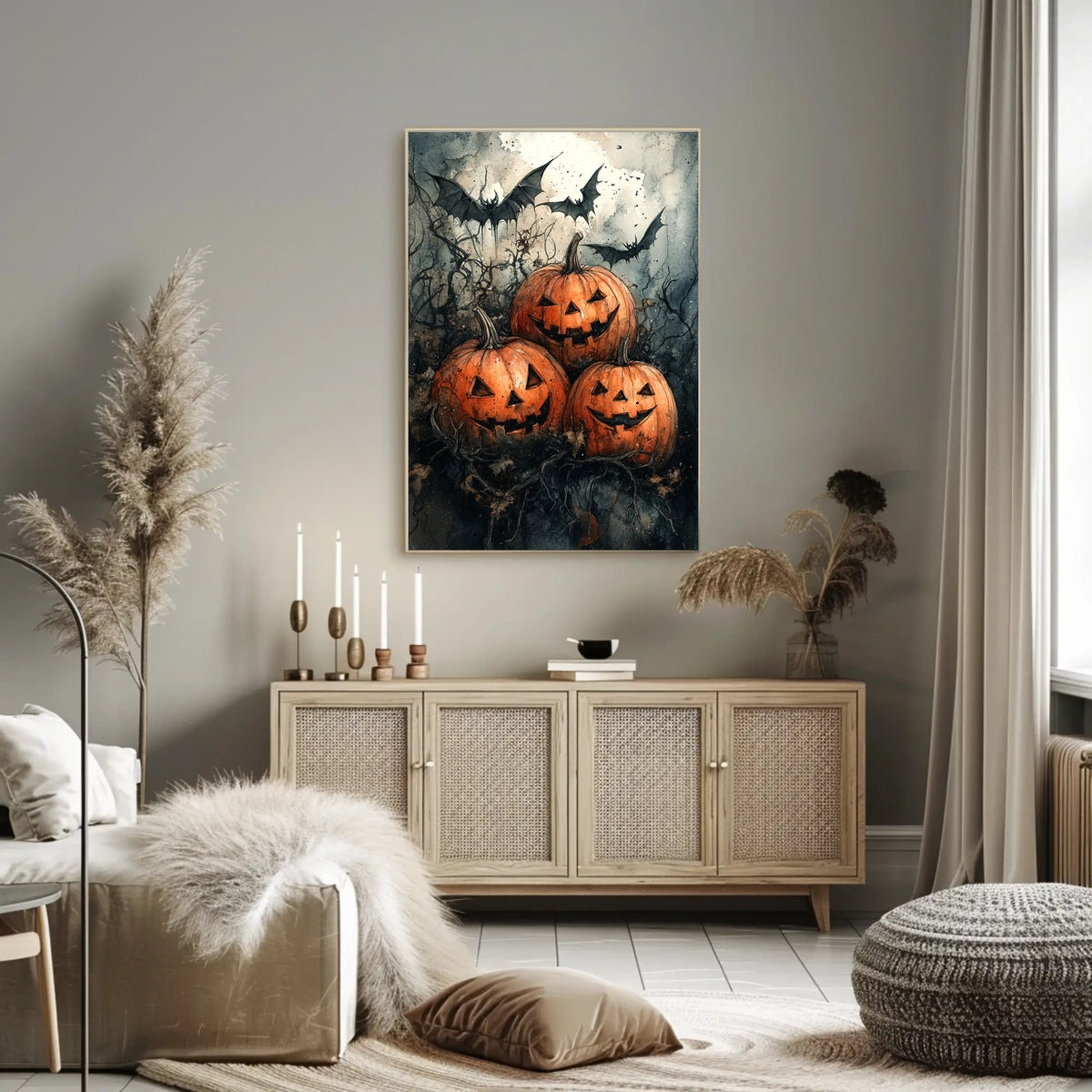 Halloween Jack-o'-lantern Bats Gathering Art Print Poster