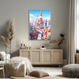 Vibrant Cityscape Design in Futuristic Sci-Fi Poster