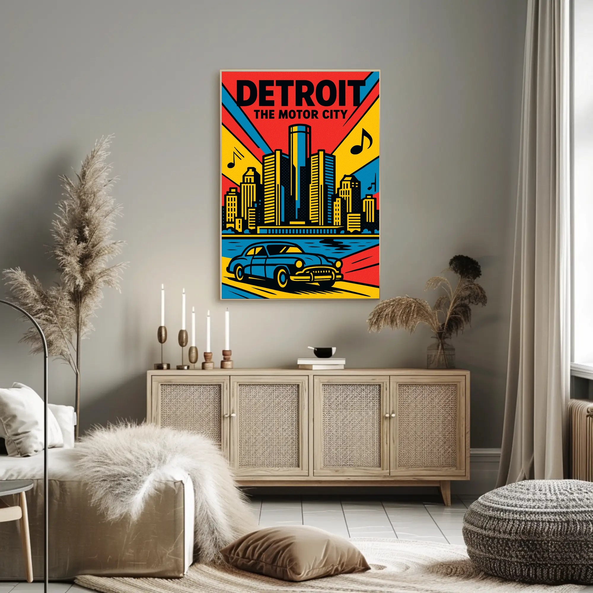 Detroit Skyline Classic Car Vibrant Urban Cityscape Poster