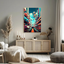 Futuristic Cityscape with High-Speed Train Poster