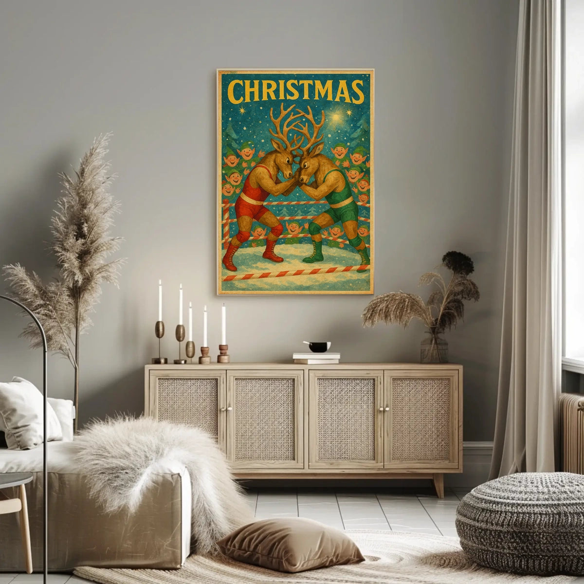 Whimsical Reindeer Wrestling Match: Christmas Pop Culture Poster