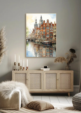 Amsterdam Canal Cityscape Watercolor Travel Poster