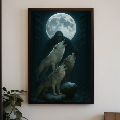 Bigfoot Howling Wolves Moonlit Forest Poster