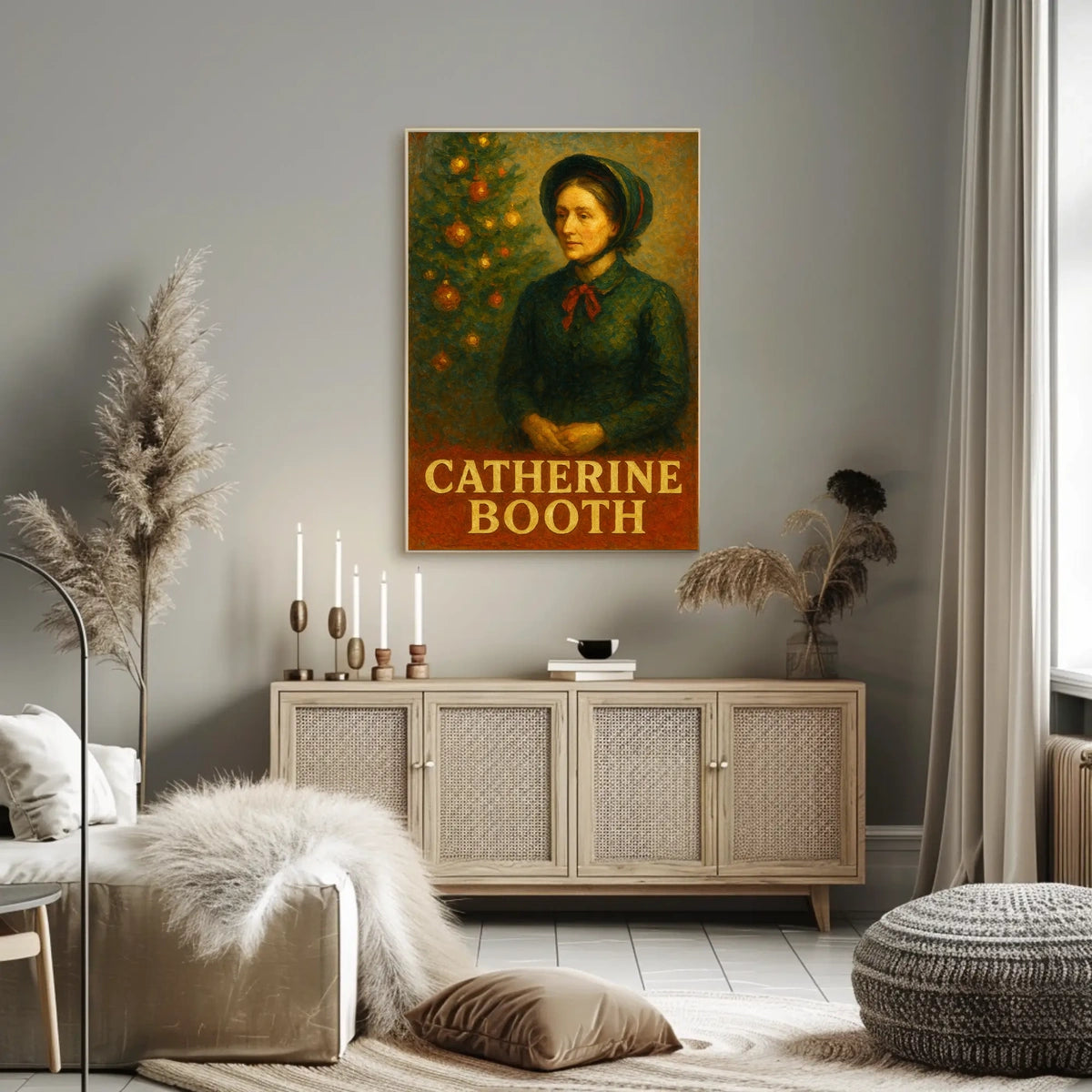 This stylized poster features an artistic depiction of a woman labeled "Catherine Booth." Travel Poster