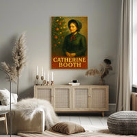 This stylized poster features an artistic depiction of a woman labeled "Catherine Booth." Travel Poster