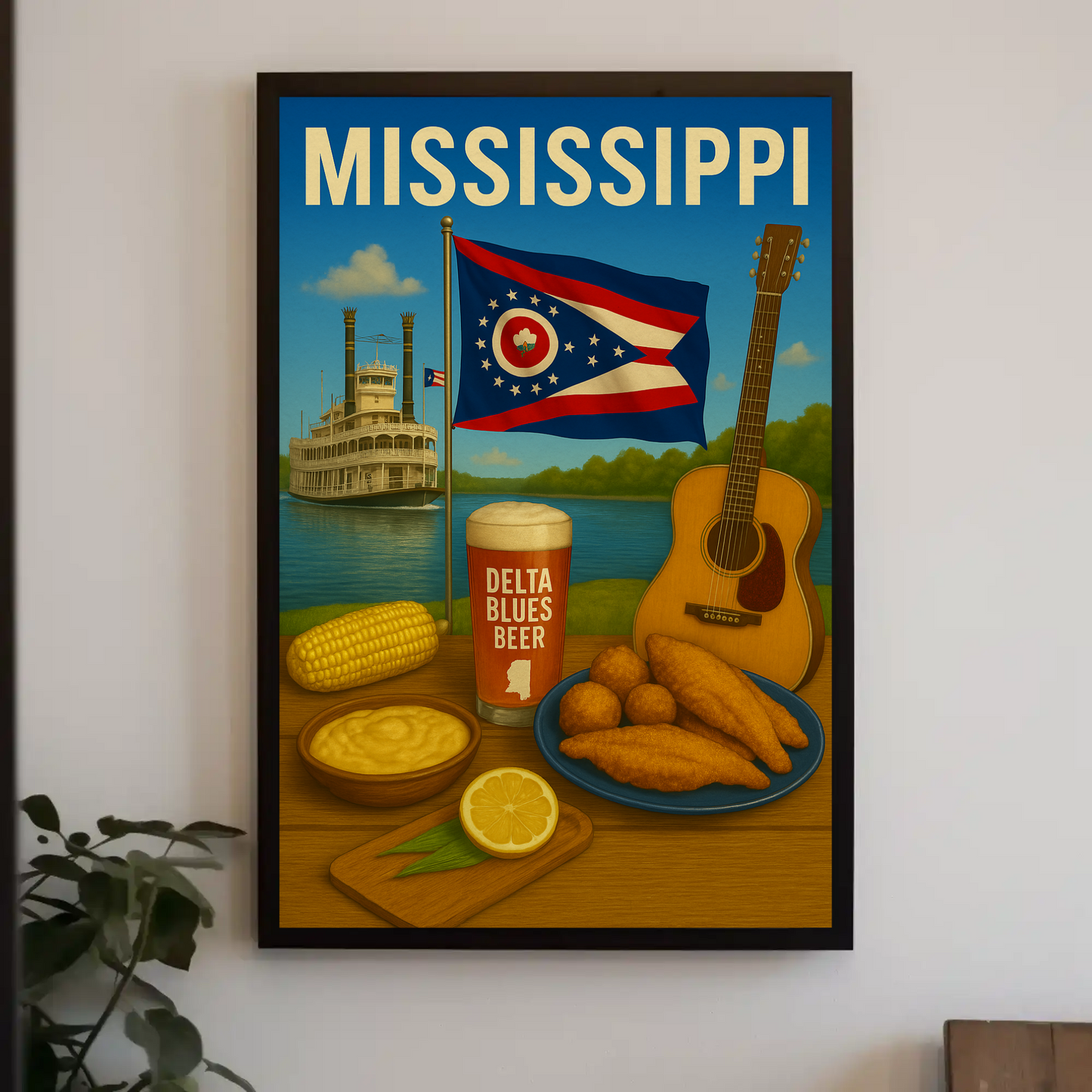 Mississippi River Guitar Beer Catfish Corn Flag Travel Poster