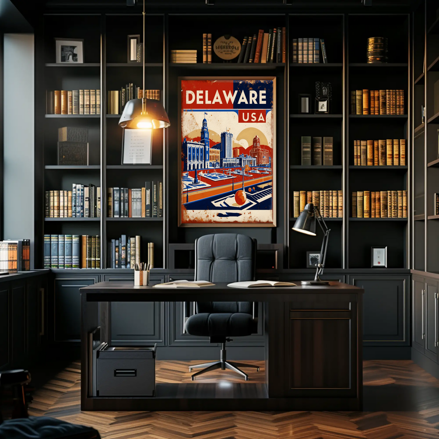 Delaware Waterfront Skyline Retro USA Vintage Maroon Travel Poster