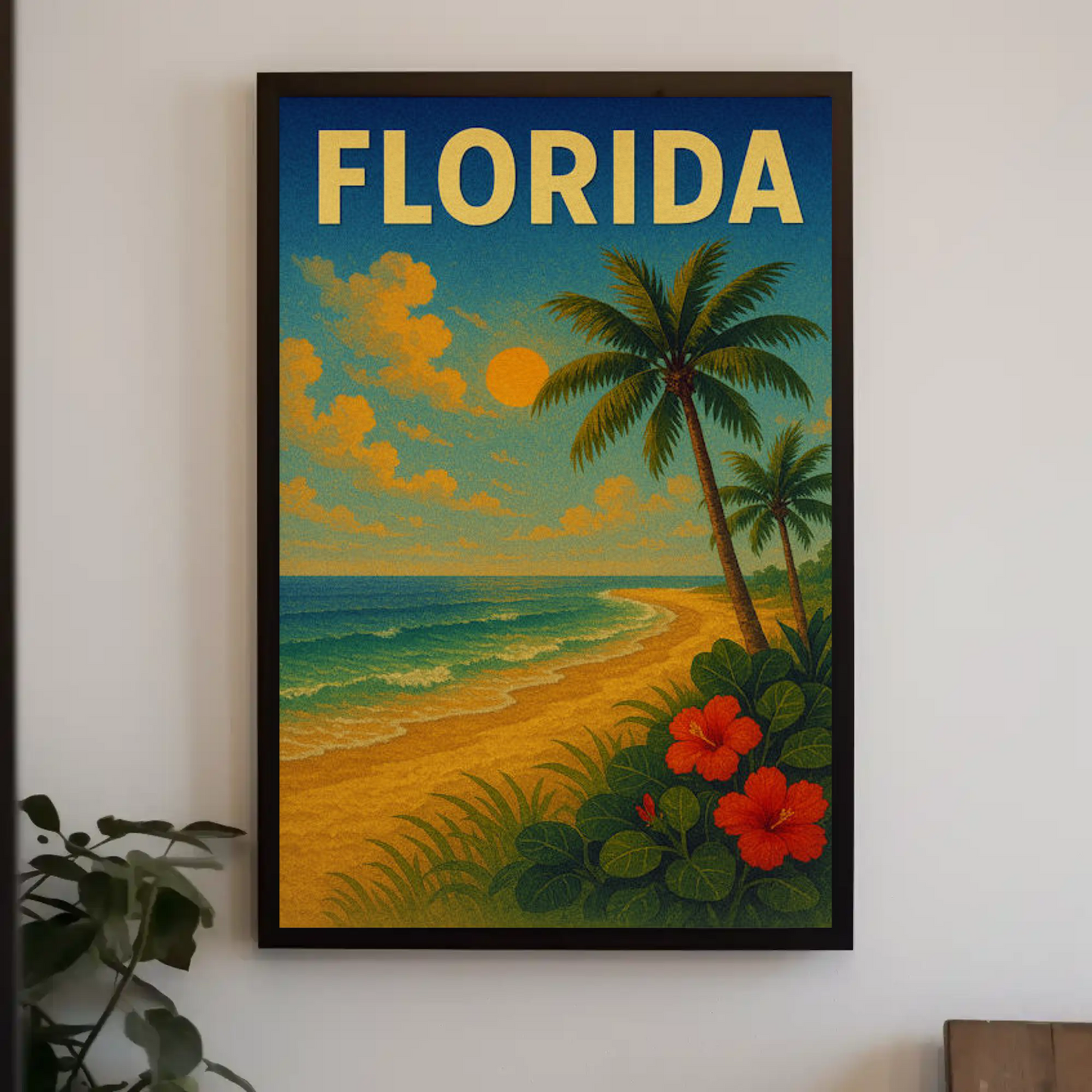 Florida Beach Palm Trees Hibiscus Flowers Travel Poster